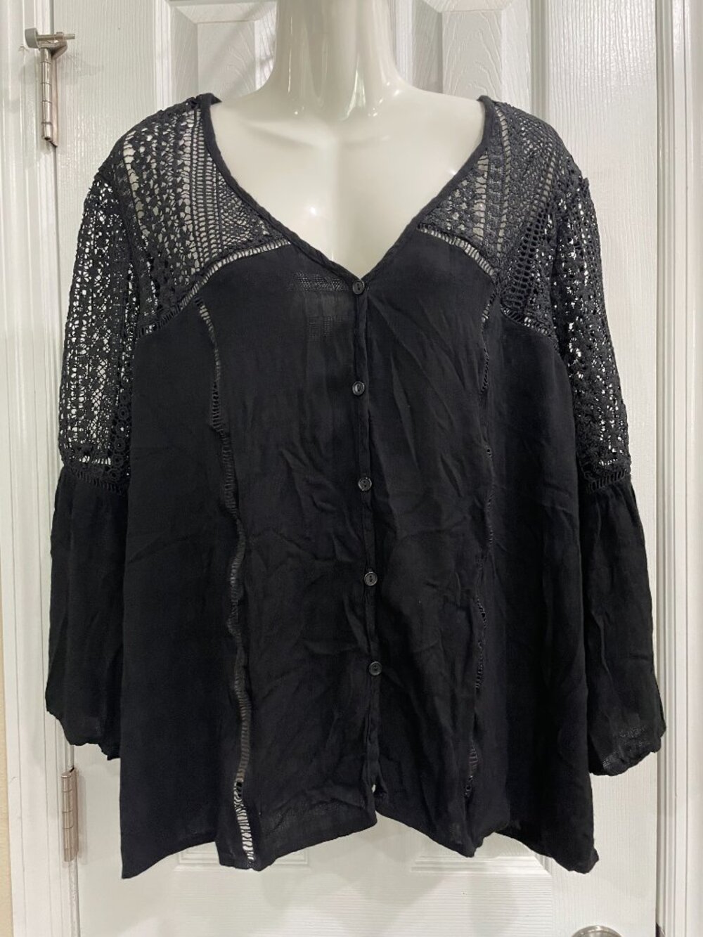 Boho Black Crochet Lace Blouse Bell Sleeve Sheer Festival Top XL Flowy Peasant